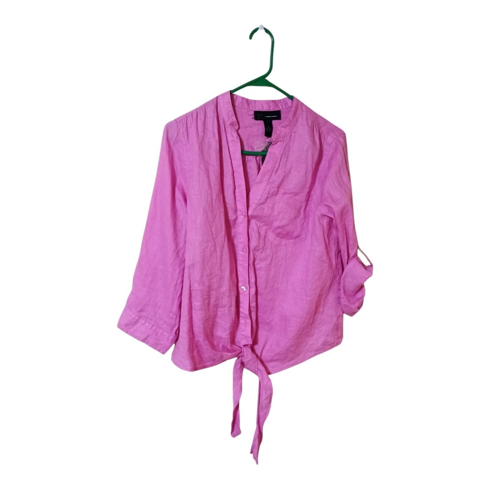 INC International Concepts Women's 6 Pink Linen 3/4 Sleeves Tie Waist Pocket Top